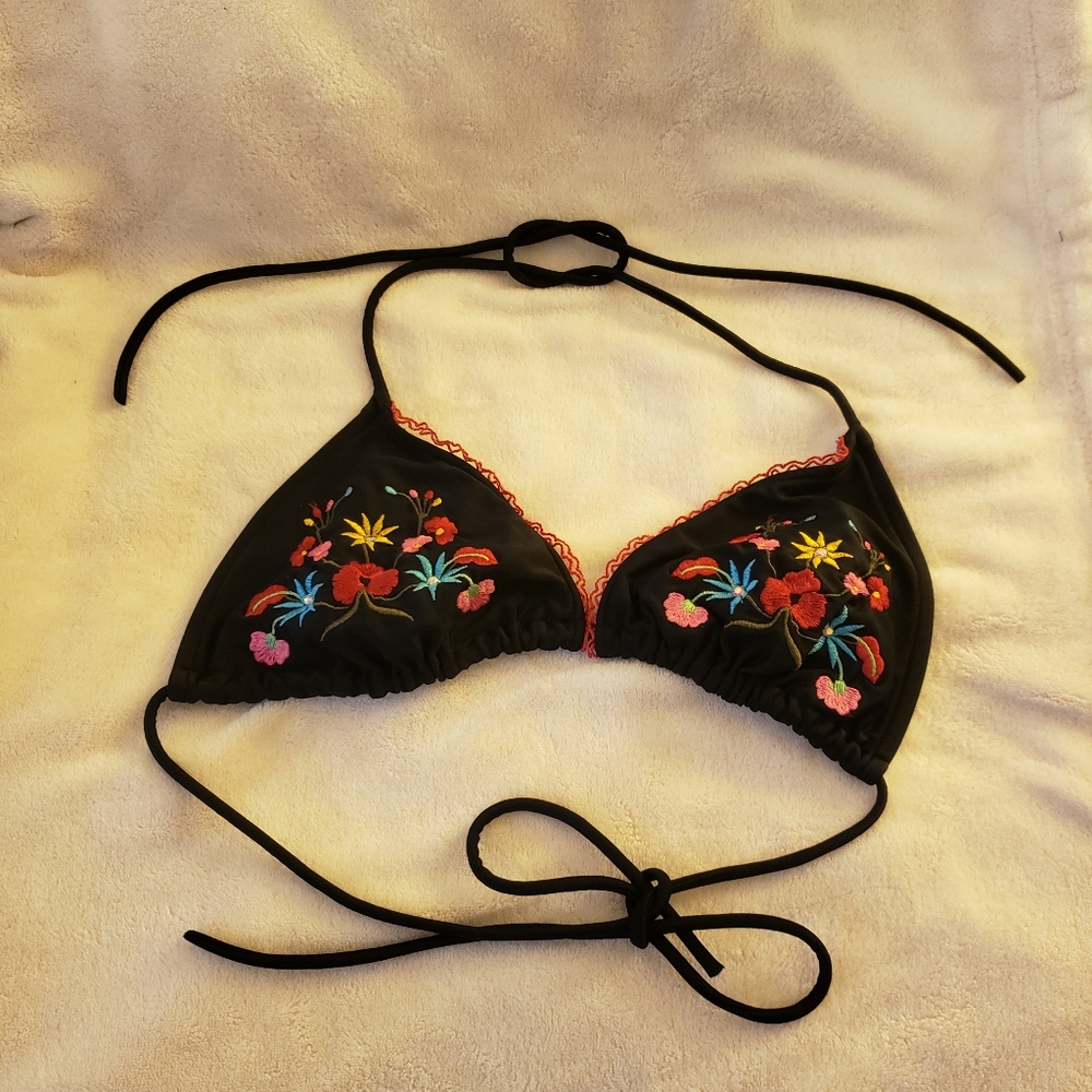 XO black string embroidered bikini top